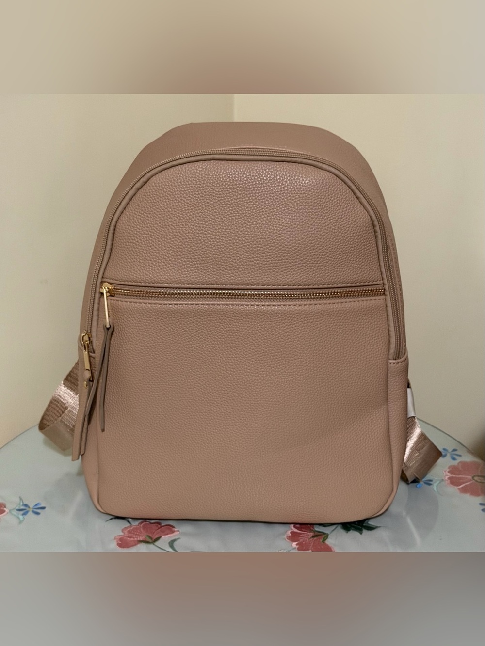 Women's Pebbled Faux Leather Backpack in Beige